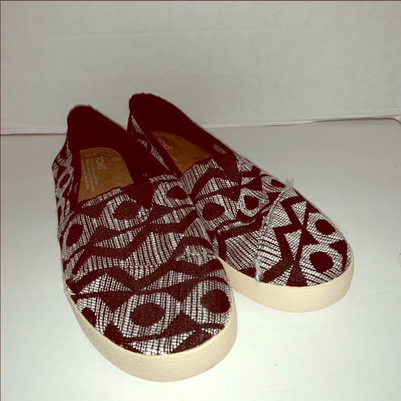 Toms black print canvas slip on shoes size 10